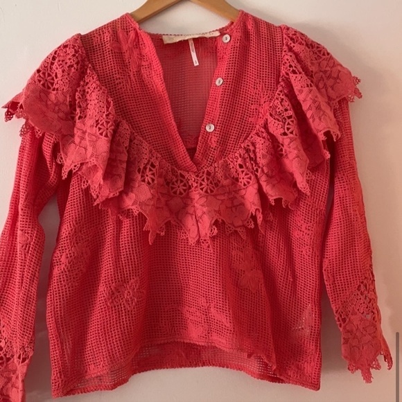 Free People Jen's Pirate Booty Lace Ruffled Sea Side Net Mesh Bohemian blouse - Picture 5 of 9